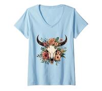 Femme Boho Vache Taureau Crâne Fleurs Wild West Western Cowgirl Texans T-Shirt avec Col en V