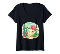 Femme Boho Western Floral Cow Skull Desert Cactus Watercolor T-Shirt avec Col en V