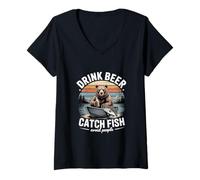 Femme Boire de la bière Attraper des Poissons éviter Les Gens Ours pêche T-Shirt avec Col en V
