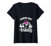 Femme Boire du vin et randonnée pédestre T-Shirt avec Col en V
