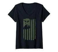 Femme Bois de Chasse au cerf Drapeau américain Patriotique des États-Unis T-Shirt avec Col en V
