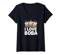Femme Boisson au thé à Bulles I Love Boba T-Shirt avec Col en V