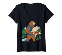 Femme Boîte à Pizza Motif Ours Tenant la forêt T-Shirt avec Col en V