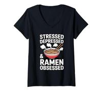Femme Bol à Nouilles stressé et obsédé par Les Ramen T-Shirt avec Col en V