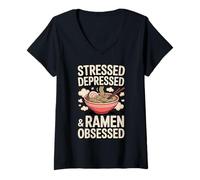 Femme Bol à Nouilles stressé et obsédé par Les Ramen T-Shirt avec Col en V