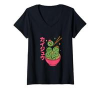 Femme Bol à Nouilles Udon Monstre Kawaii Drôle Mignon Art Japon T-Shirt avec Col en V
