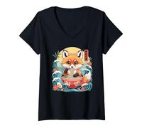 Femme Bol Ramen Mangeant Un Renard Mignon avec Vagues japonaises T-Shirt avec Col en V