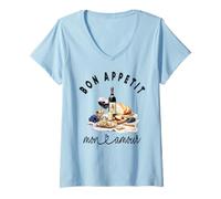 Femme Bon Appetit Mon Amour Pique-Nique Français Gourmet Vin et Fromage T-Shirt avec Col en V