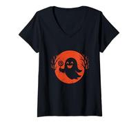 Femme Bonbon fantôme Halloween Lune T-Shirt avec Col en V