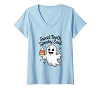 Femme Bonbons Sweet Tooth Spooky Soul Cute Ghost pour Halloween T-Shirt avec Col en V
