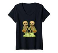 Femme Bone Buddies Squelette Friends Citrouille T-Shirt avec Col en V