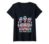 Femme Bones Coffee Funny Spooky Hilarant Squelette Tired Mum Squad T-Shirt avec Col en V