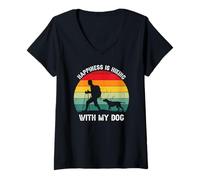 Femme Bonheur C’est Marcher avec Mon Chien Nature T-Shirt avec Col en V