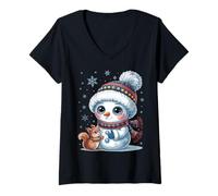 Femme Bonhomme de Neige et écureuil Mignon Cadeau d'hiver pour Enfants Famille Noël T-Shirt avec Col en V