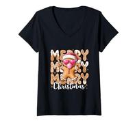 Femme Bonhomme Pain dépice Merry Christmas Bonnet Rouge Bubblegum T-Shirt avec Col en V