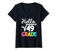 Femme Bonjour, 7e année, Racine carrée de 49 Retour à l'école, 1er Jour T-Shirt avec Col en V