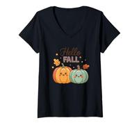 Femme Bonjour Automne Visages Citrouille Mignon Vibes Automne T-Shirt avec Col en V