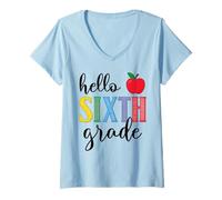 Femme Bonjour aux Enfants des Enseignants de sixième et 6e année de la rentrée Scolaire T-Shirt avec Col en V