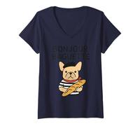 Femme Bonjour Baguette Bouledogue Français Chiot Parisien T-Shirt avec Col en V