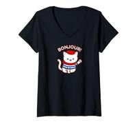 Femme Bonjour! - Chat français Amusant Disant Bonjour T-Shirt avec Col en V