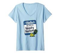 Femme Bonjour, Je m'appelle Nasty Nelson Funny Pickleball T-Shirt avec Col en V