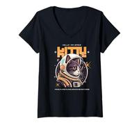 Femme Bonjour, Je suis Space Kitty Sci FI Paws Planets Adventures T-Shirt avec Col en V