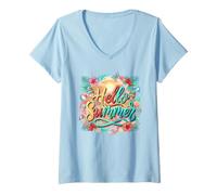Femme Bonjour Les Vacances d'été | Tropical Beach Vibes Design T-Shirt avec Col en V