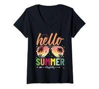Femme Bonjour l'été, joyeux dernier jour d'école, professeur d'école, élève T-Shirt avec Col en V