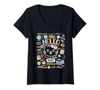 Femme Bonjour Mot dans différentes Langues Voyage et Professeur Chaton T-Shirt avec Col en V