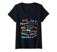 Femme Bonjour mot dans différentes langues Voyage et professeur T-Shirt avec Col en V