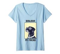 Femme Bonjour My Friend (Motif Chien Amusant) T-Shirt avec Col en V