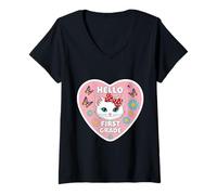Femme Bonjour, Petite Fille de 1re année, Chaton, Chat, Retour à l'école T-Shirt avec Col en V