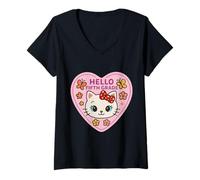 Femme Bonjour, Petite Fille de 5e année, Chaton, Chat, Retour à l'école T-Shirt avec Col en V