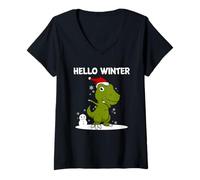 Femme Bonjour Winter Trex Dinosaure Bonhomme de neige T-Shirt avec Col en V