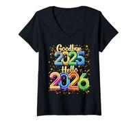 Femme Bonne année Bonjour 2026 Fête colorée du Nouvel an T-Shirt avec Col en V