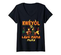 Femme Bonne Fete Kweyol Happy Jounen Kweyol Day Sainte Lucie Créole T-Shirt avec Col en V