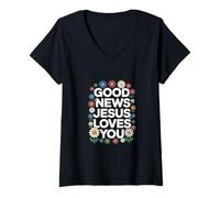 Femme Bonne Nouvelle Jésus Vous Aime Foi chrétienne Florale T-Shirt avec Col en V