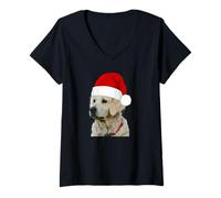 Femme Bonnet de Père Noël Golden Retriever T-Shirt avec Col en V