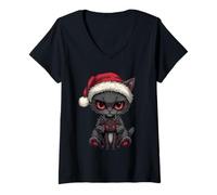 Femme Bonnet de Père Noël Gothique Chat foncé T-Shirt avec Col en V