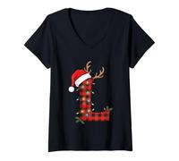 Femme Bonnet de Père Noël Motif Bois de Renne Taille L T-Shirt avec Col en V