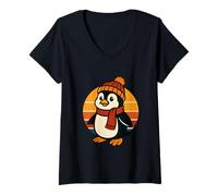 Femme Bonnet d'hiver Amusant Pingouin et écharpe Graphique T-Shirt avec Col en V
