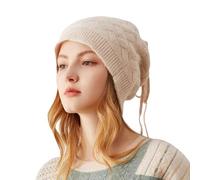 Femme Bonnet/ Écharpe Tube 2 en 1 en Cachemire avec Cordon Ajustable, Hiver Chapeau en Tricot Torsadée Douce, 100% Cachemire Chaude Echarpe à Boucle Tricotée, Cadeaux pour Mère Épouse Fille Beige2