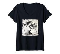Femme Bonsaï Abstrait Japonais Sumi-e Zen Enso Art T-Shirt avec Col en V