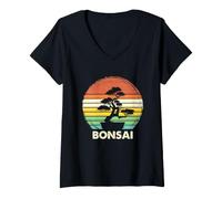 Femme Bonsaï Arts Japonais Soleil Rouge Style Vintage T-Shirt avec Col en V