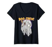 Femme Boo Crew Halloween Dog and Cat Ghost Moon Costume Tee T-Shirt avec Col en V