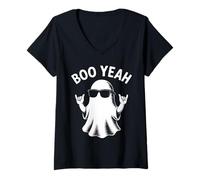 Femme Boo Yeah Ghost Lunettes de Soleil Shaka Sign Halloween Surfer T-Shirt avec Col en V