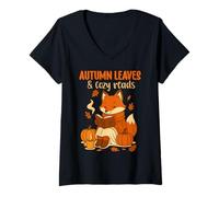 Femme Book Lover Cottagecore Fox Autumn Leaves Cozy Reads T-Shirt T-Shirt avec Col en V