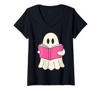 Femme Book Lover Ghost Reading Bookworm Spooky Season Reader T-Shirt avec Col en V