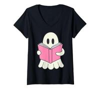 Femme Book Lover Ghost Reading Bookworm Spooky Season Reader T-Shirt avec Col en V