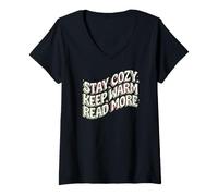 Femme Book Lover Stay Cozy Keep Warm Read More Retro T-Shirt avec Col en V